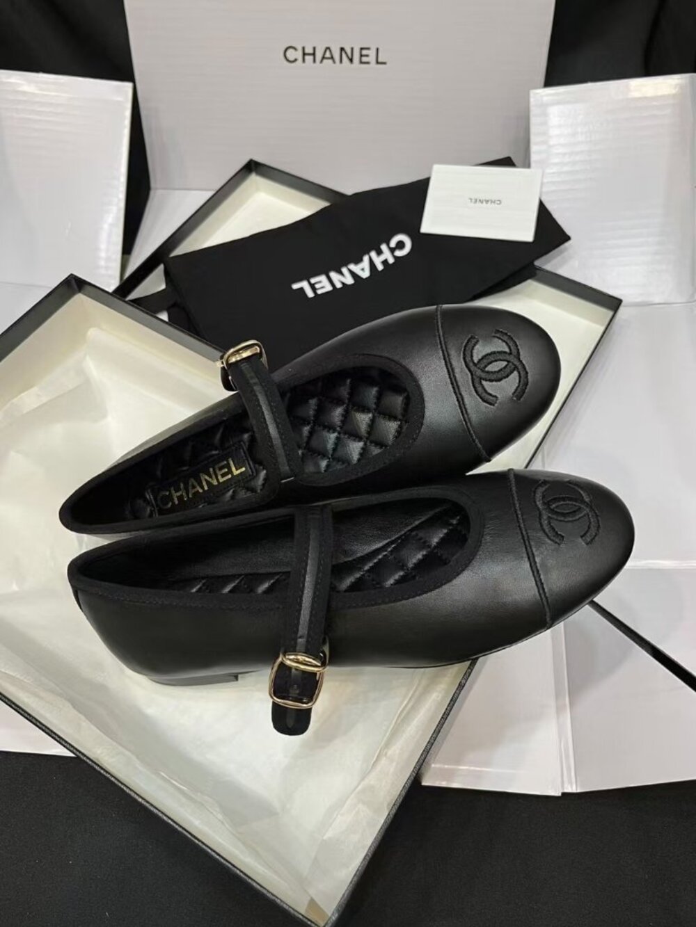 Chanel Black Leather CC Embroidered Mary Jane Flats